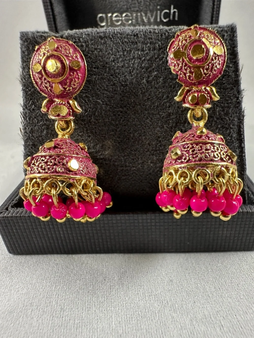 Pink Meenakari Jhumka Earrings with Bead Dangles | Gold Tone Indian Jewelry
